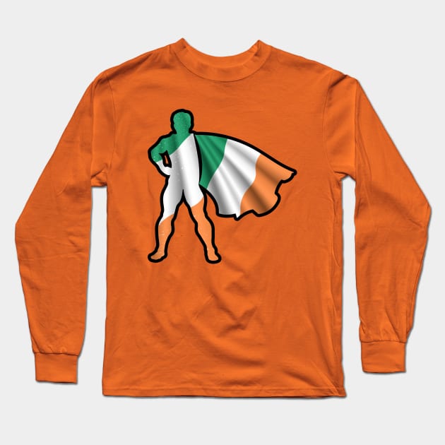 Ireland Hero Wearing Cape of Irish Flag and Peace in Ireland Long Sleeve T-Shirt by Mochabonk